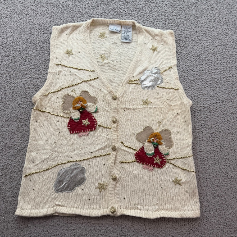 Vintage Bobbie Brooks Angel Christmas Sweater Vest Cream Knit Gold Stars Size M